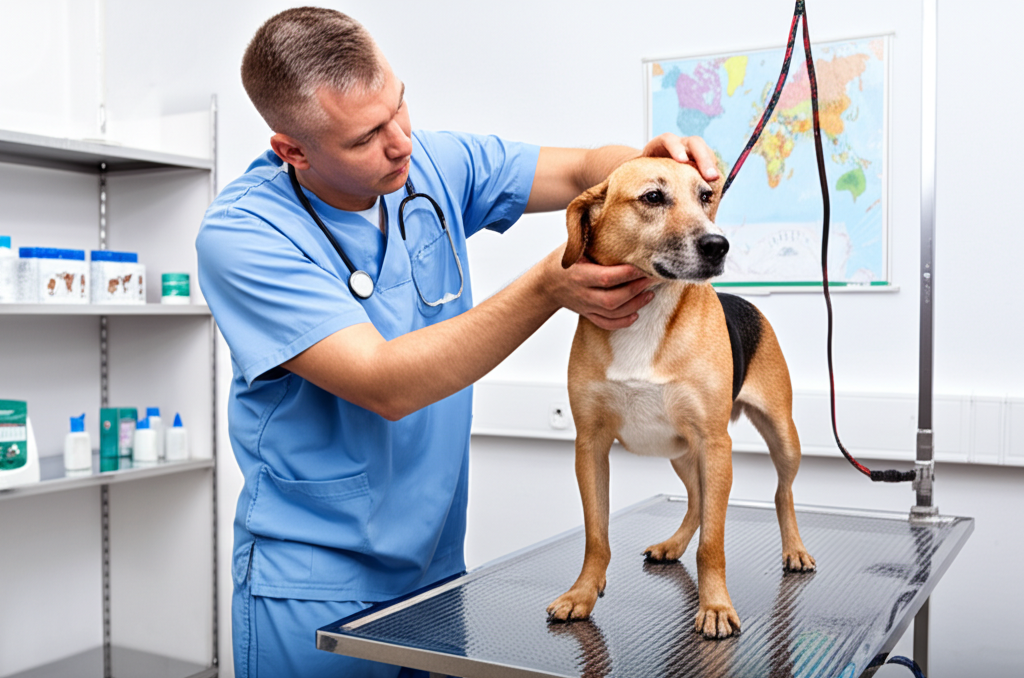 Veterinário examinando pet para viagem internacional