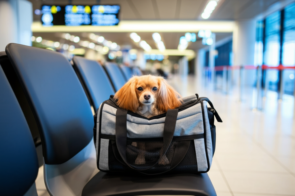 Pet viajando na cabine do avião em bolsa de transporte